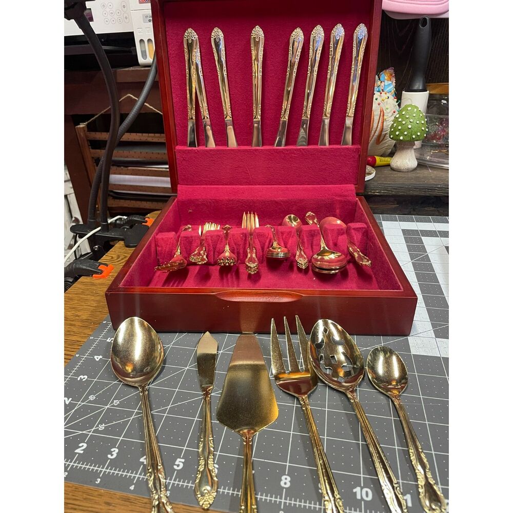 Vintage Gold Tone Flatware Serving Set with Wooden Storage Chest